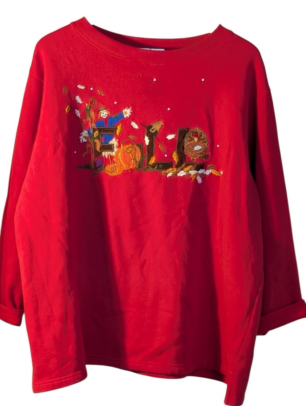 Quacker Factory Red Sweatshirt Fall Embroidered Graphic 1X Autumn Thanksgiving